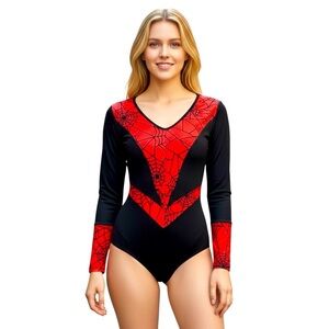 Fredrick's of Hollywood V-Neck Spiderwoman Long Sleeve Bodysuit Black/Red Medium